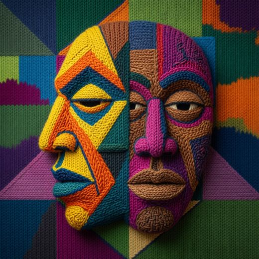 Colorful Tribal Mask Face — free Cubist Portrait Studies knitted art print