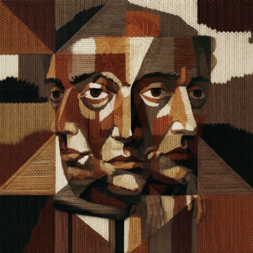 Cubist Brown Double Face Portrait — free Cubist Portrait Studies knitted art print