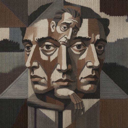 Cubist Brown Gray Face Portrait — free Cubist Portrait Studies knitted art print