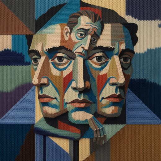 Cubist Teal Double Face Portrait — free Cubist Portrait Studies knitted art print