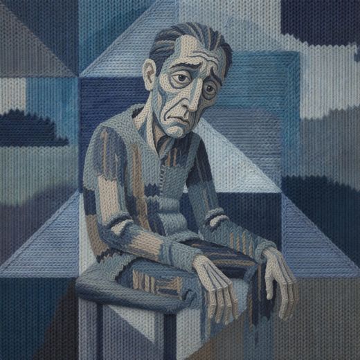 Grayscale Knitted Man Sitting — free Cubist Portrait Studies knitted art print