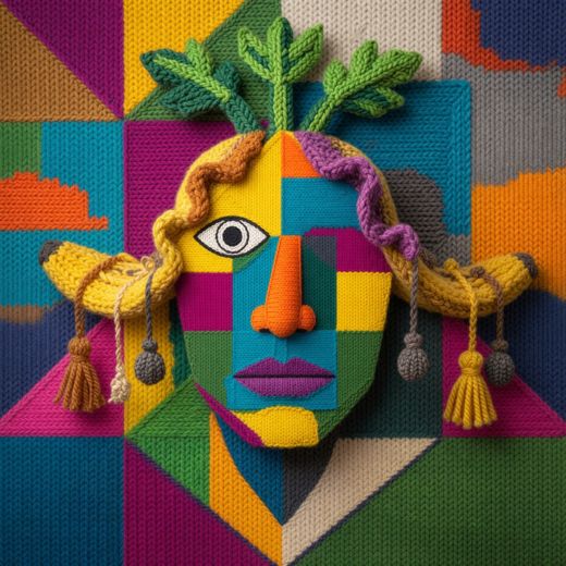Leafy Jester Face — free Cubist Portrait Studies knitted art print