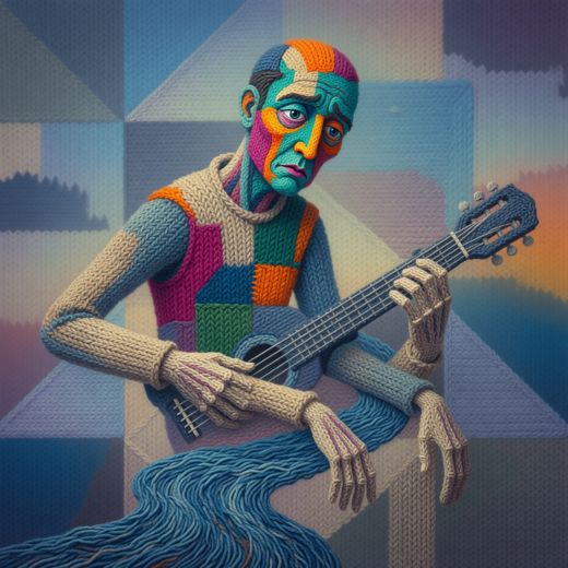 Man Playing Guitar Teal — free Cubist Portrait Studies knitted art print