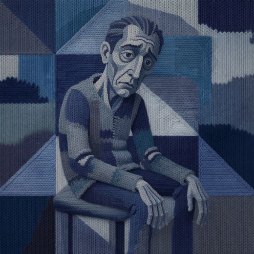 Sad Blue Man Seated — free Cubist Portrait Studies knitted art print