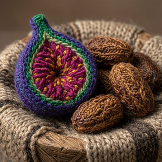 Fig And Dates In Basket — free Knitted Fruit Studies knitted art print