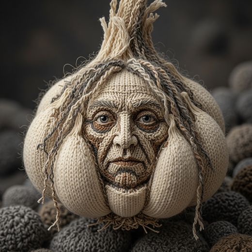 Garlic With Face — free Knitted Fruit Studies knitted art print