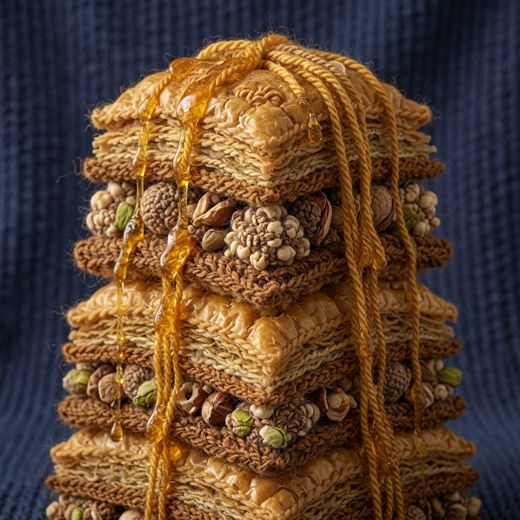Waffle Stack With Caramel — free Knitted Fruit Studies knitted art print