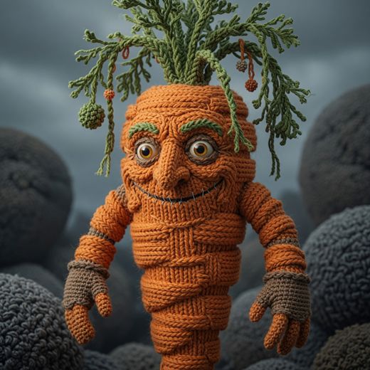 Carrot Creature With Face — free Knitted Fruit Studies knitted art print