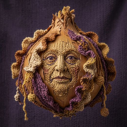 Carved Face Medallion — free Knitted Fruit Studies knitted art print