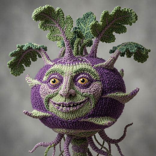 Purple Turnip Character Face — free Knitted Fruit Studies knitted art print