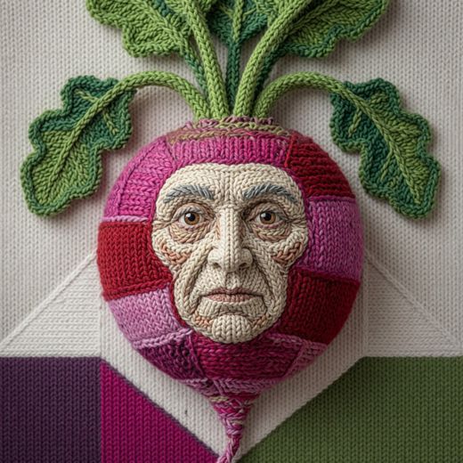 Striped Turnip Character Face — free Knitted Fruit Studies knitted art print