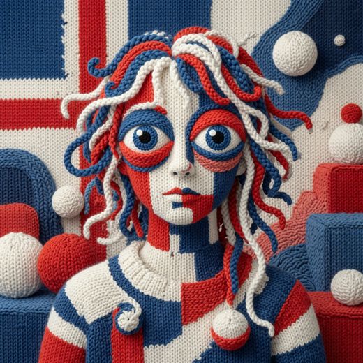 Colorful Curly Haired Woman Portrait — free Icelandic Flag Portraits knitted art print