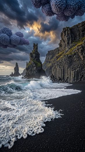 Black Sand Beach Sea Stacks — free Landscapes & Waterfalls knitted art print