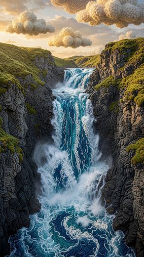 Cliffside Waterfall Into Sea — free Landscapes & Waterfalls knitted art print