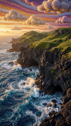 Coastal Cliff Sunset Waves — free Landscapes & Waterfalls knitted art print