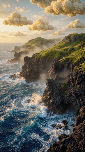 Coastal Cliff Waterfall — free Landscapes & Waterfalls knitted art print