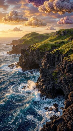 Coastal Cliffs Sunset View — free Landscapes & Waterfalls knitted art print