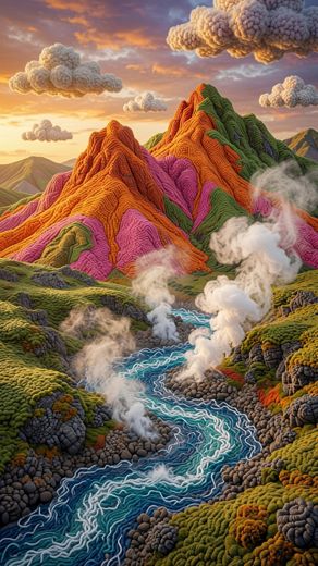 Colorful Volcanic Mountain River — free Landscapes & Waterfalls knitted art print
