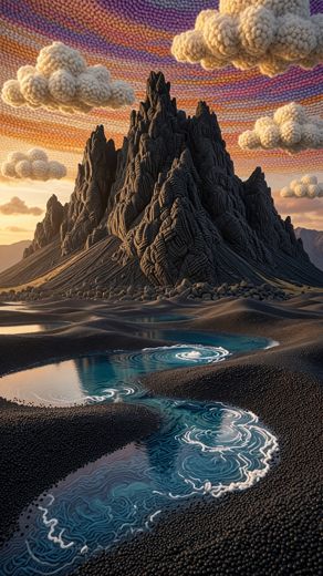 Dark Peaks Black Sand River — free Landscapes & Waterfalls knitted art print