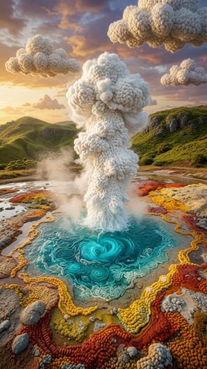 Erupting Geyser Colorful Pools — free Landscapes & Waterfalls knitted art print