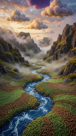 Foggy Mountain River Valley — free Landscapes & Waterfalls knitted art print