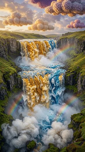 Golden Waterfall With Rainbow Mist — free Landscapes & Waterfalls knitted art print