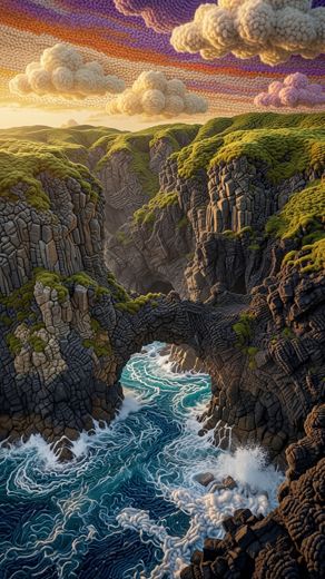 Green Coastal Cliff Waves — free Landscapes & Waterfalls knitted art print