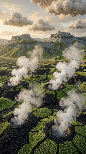 Green Fields With Steam Vents — free Landscapes & Waterfalls knitted art print