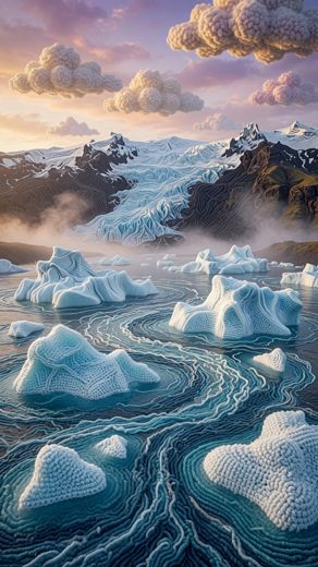 Icebergs In Swirling Water — free Landscapes & Waterfalls knitted art print
