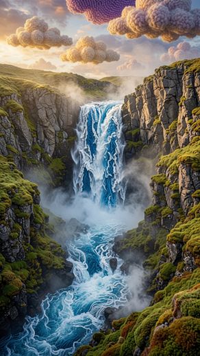 Misty Canyon Waterfall — free Landscapes & Waterfalls knitted art print