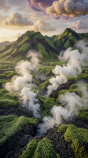 Misty Green Mountain Valley — free Landscapes & Waterfalls knitted art print