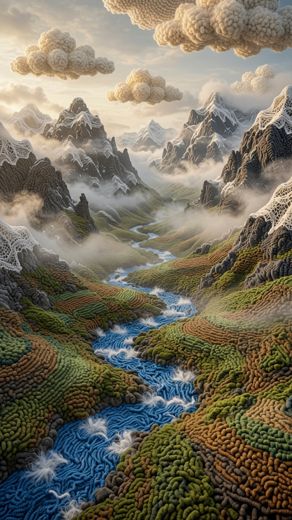 Misty Mountain River Valley — free Landscapes & Waterfalls knitted art print