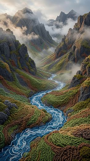 Misty Valley Winding River — free Landscapes & Waterfalls knitted art print