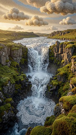 Mossy Canyon Waterfall — free Landscapes & Waterfalls knitted art print