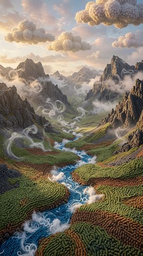 Mountain River Valley — free Landscapes & Waterfalls knitted art print