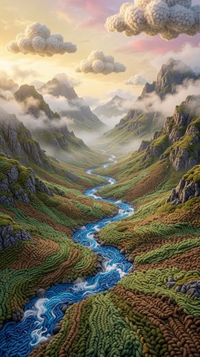 Mountain River Valley — free Landscapes & Waterfalls knitted art print