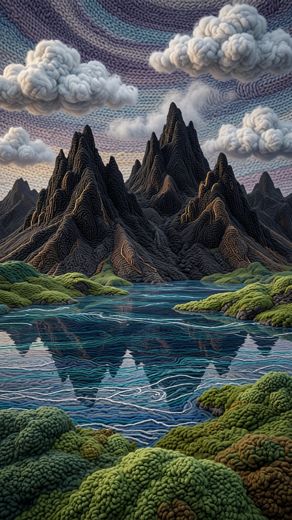Mountain Valley River Reflection — free Landscapes & Waterfalls knitted art print