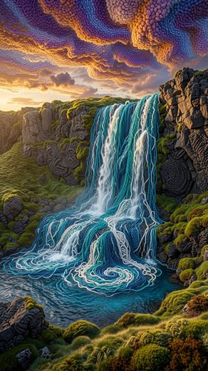 Multi Tier Cascading Waterfall — free Landscapes & Waterfalls knitted art print