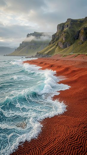 Red Sand Beach Coastline — free Landscapes & Waterfalls knitted art print