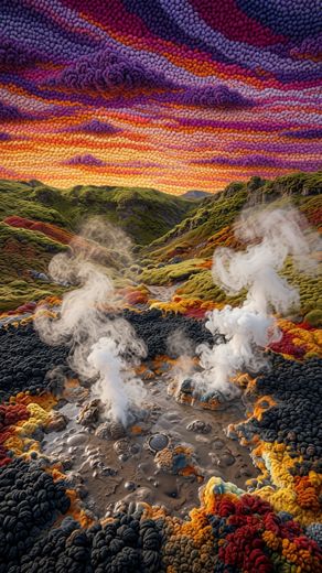Steaming Geothermal Field Sunset — free Landscapes & Waterfalls knitted art print