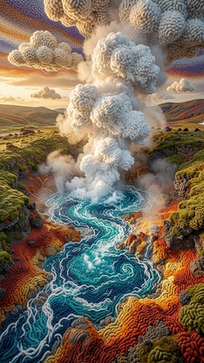 Steaming Orange Hot Springs — free Landscapes & Waterfalls knitted art print