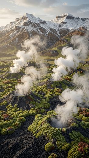 Steaming Vents Mossy Landscape — free Landscapes & Waterfalls knitted art print