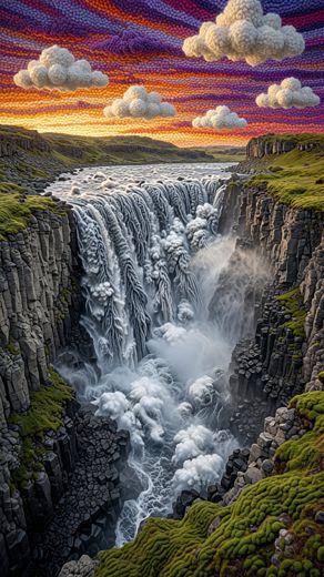Sunset Waterfall Canyon Cliffs — free Landscapes & Waterfalls knitted art print