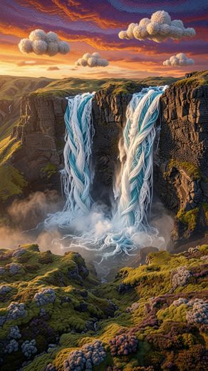 Twin Waterfalls At Sunset — free Landscapes & Waterfalls knitted art print