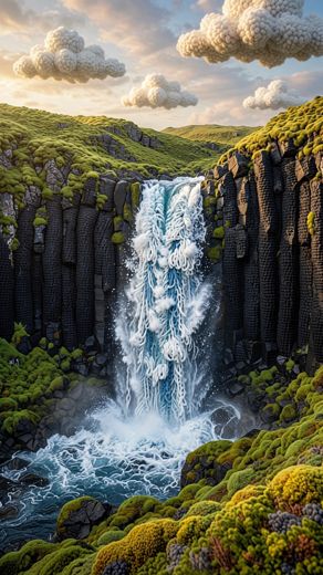 Waterfall Basalt Columns — free Landscapes & Waterfalls knitted art print