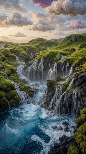 Waterfall Mossy Canyon — free Landscapes & Waterfalls knitted art print