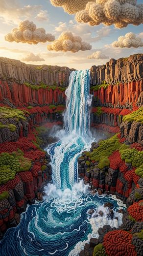 Waterfall Over Red Cliffs — free Landscapes & Waterfalls knitted art print