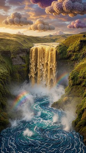 Waterfall With Rainbow Mist — free Landscapes & Waterfalls knitted art print