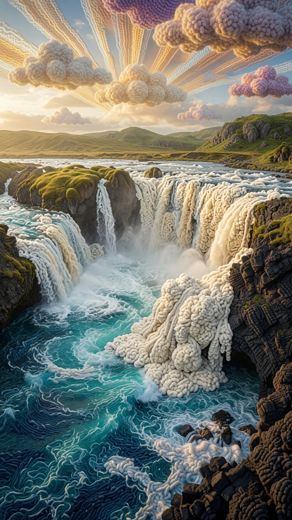 Wide Waterfall Cascade Teal Water — free Landscapes & Waterfalls knitted art print