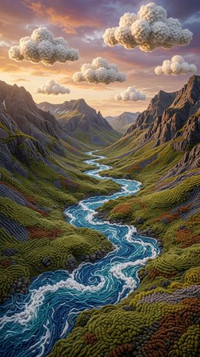 Winding River Green Valley — free Landscapes & Waterfalls knitted art print
